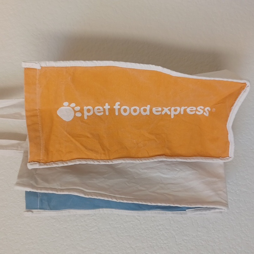 3/$25 Pet Food Express Canvas Tote Bag Cat & Dog Image, Off White Blue Orange - Picture 5 of 14